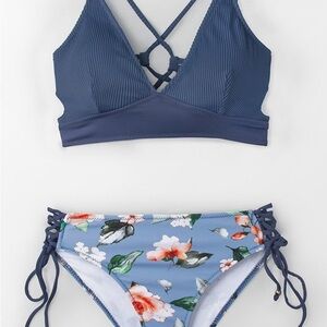 Cupshe Blue Bikini Set with Criss-Cross Back and Floral High-Waist